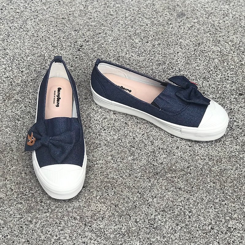 Thick-soled high-rise casual shoes (adults) Little Red Riding Hood and Big Wild Wolf-Bowknot Dark Denim Blue Women's Shoes - รองเท้าลำลองผู้หญิง - ผ้าฝ้าย/ผ้าลินิน สีน้ำเงิน