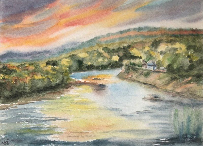 Landscape river original watercolour painting wall art kitchen kitchen cabinets - 壁貼/牆壁裝飾 - 紙 多色