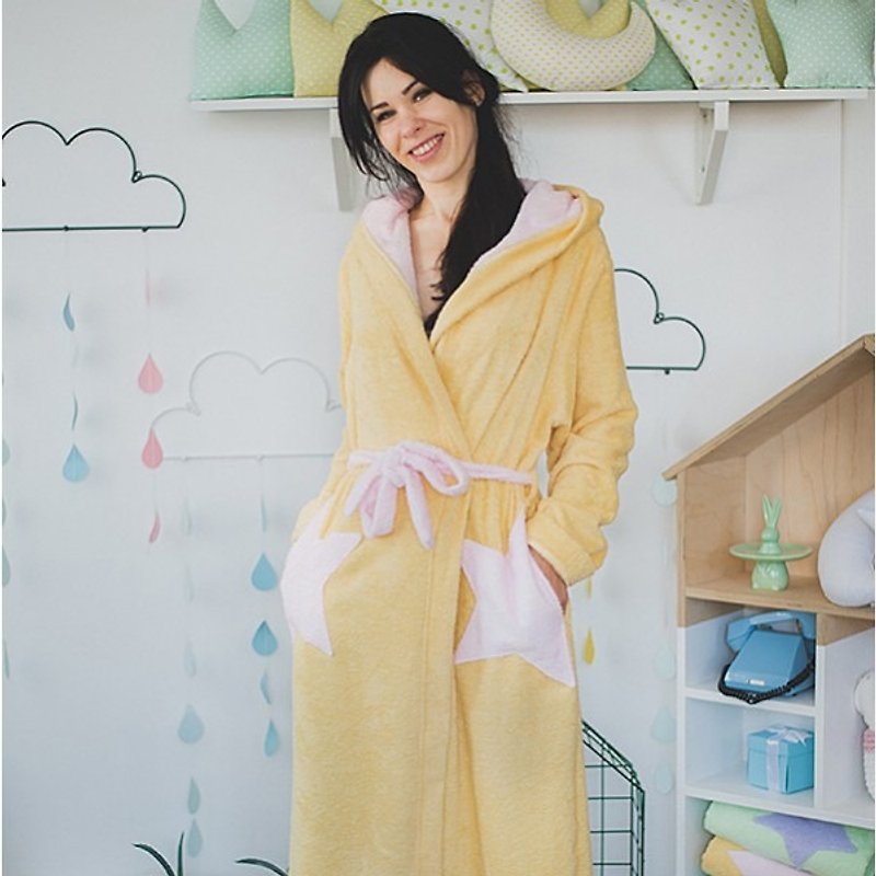 Women bathrobe with hood, yellow star robe for women - Women's Tops - Cotton & Hemp Yellow
