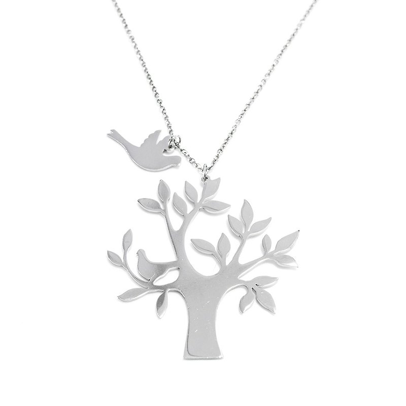 Tree with small bird pendant - Necklaces - Other Metals Silver