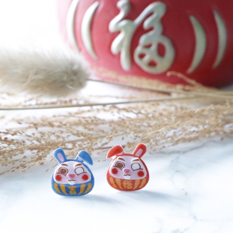 Daruma Rabbit Earrings - Earrings & Clip-ons - Plastic Red