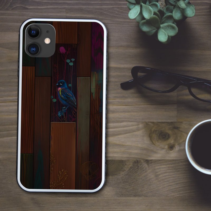 Chic, stylish, antique and retro wood grain and blue bird smartphone case [tempered glass finish] Compatible with iPhone 15 - เคส/ซองมือถือ - พลาสติก หลากหลายสี