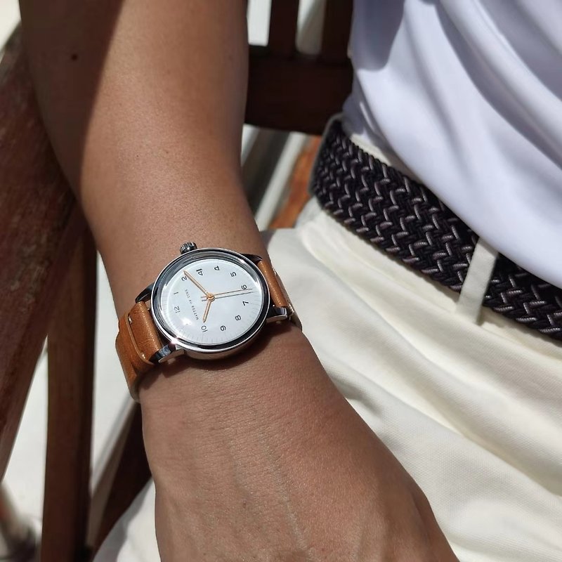 Modern unisex mechanical watch w/ vegan tanned leather - White - นาฬิกาผู้ชาย - สแตนเลส ขาว