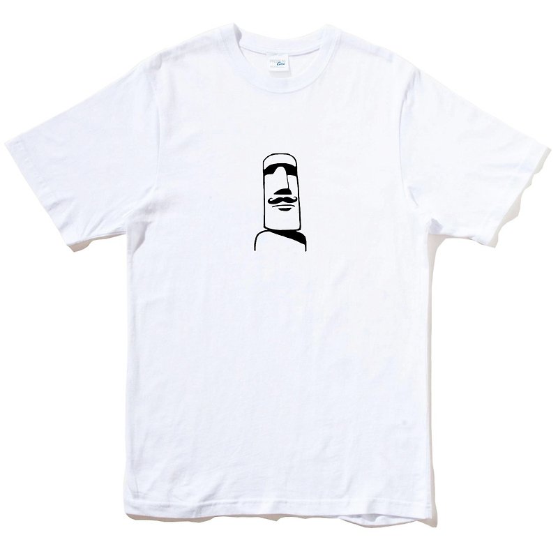 Moai Mustache white t shirt - เสื้อยืดผู้ชาย - ผ้าฝ้าย/ผ้าลินิน ขาว