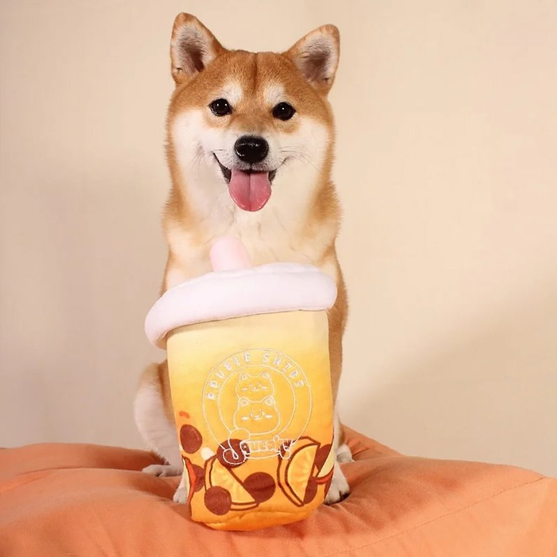Boba Fruit Tea Squeaky Crunchy Dog Toy + Optional 3 Tennis Balls - 貓/狗玩具 - 棉．麻 橘色