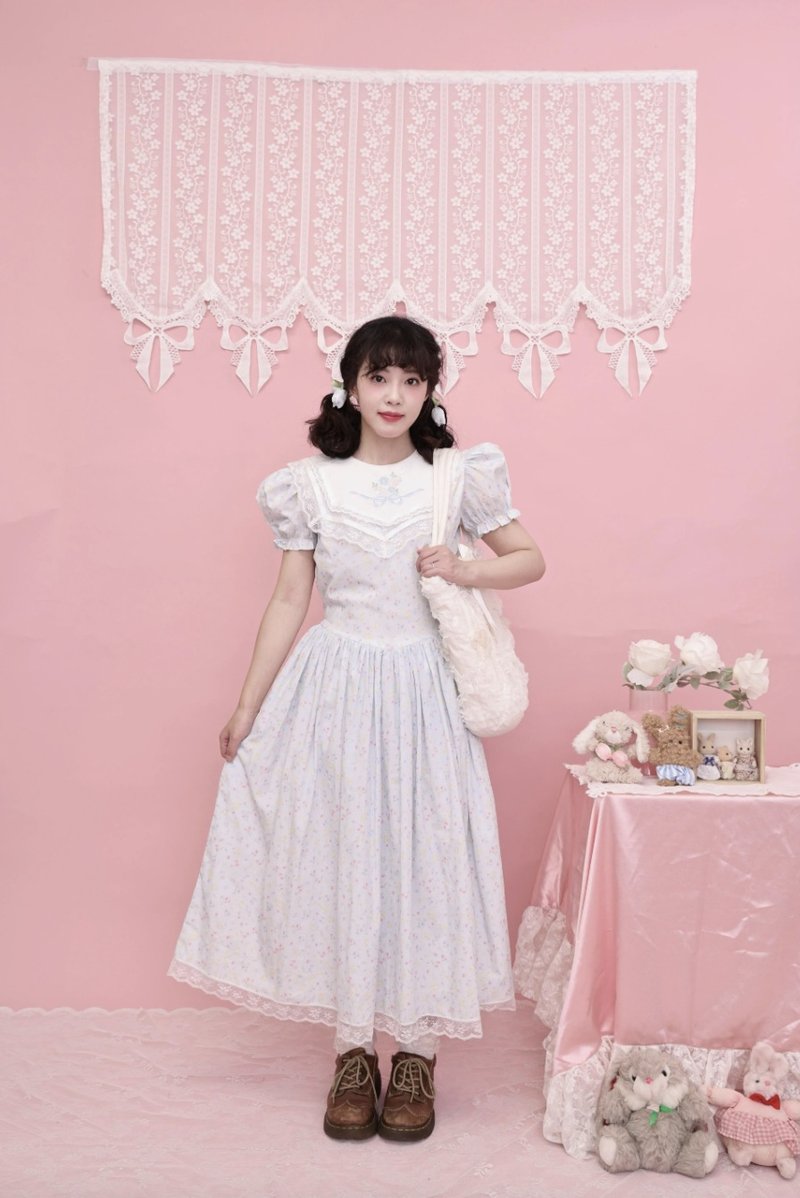 復古少女感 碎花海軍領刺繡連身裙 - 洋裝/連身裙 - 其他材質 多色