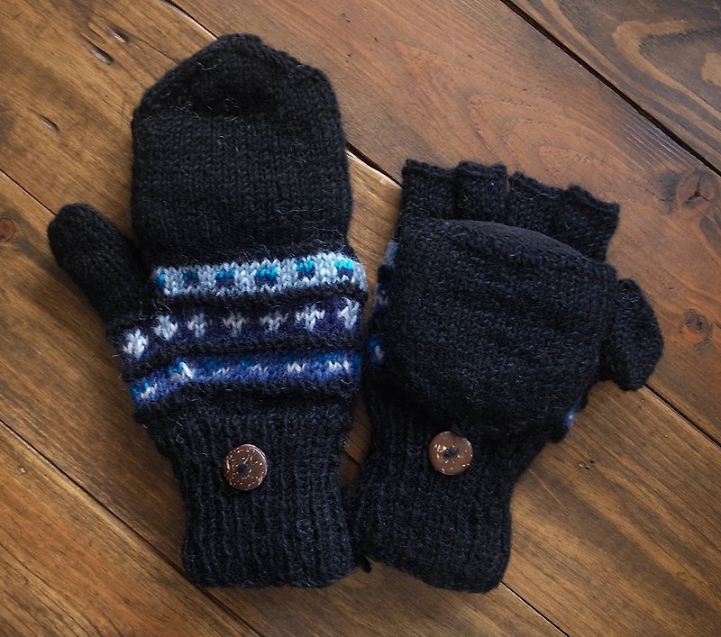 Handmade Wool Mittens, Convertible Mittens - ถุงมือ - ขนแกะ สีน้ำเงิน