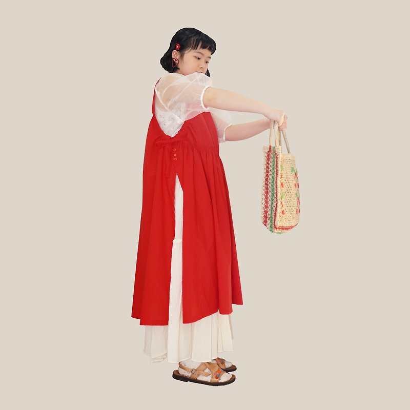 小紅帽的裙子 / 紅色前後穿側鈕扣蝴蝶結綁帶裙子 - 洋裝/連身裙 - 棉．麻 紅色