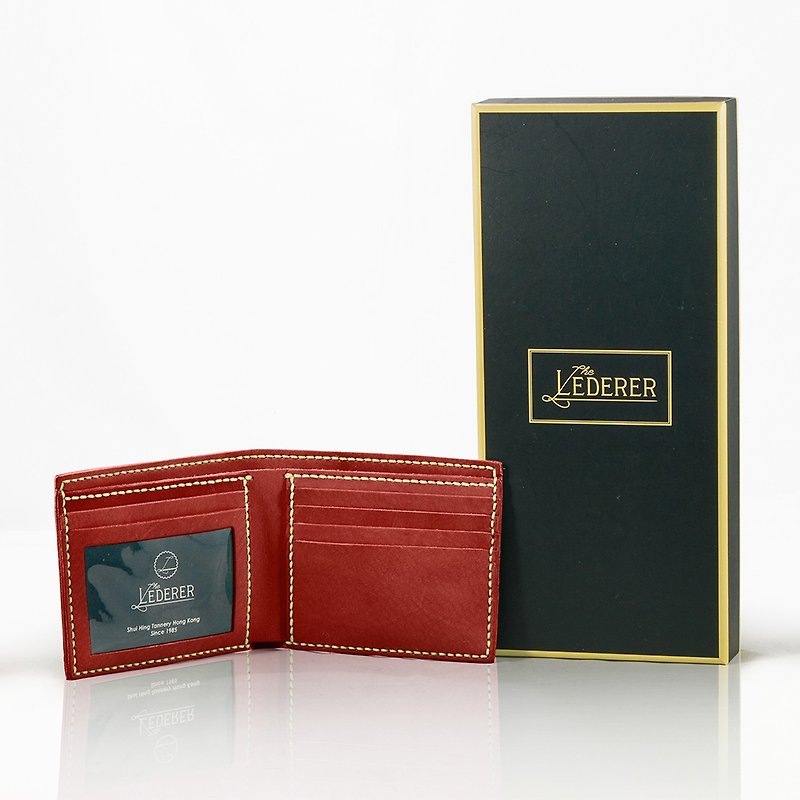 5-Card Photo Short Wallet。Leather Stitching Pack。BSP041 - เครื่องหนัง - หนังแท้ สีแดง