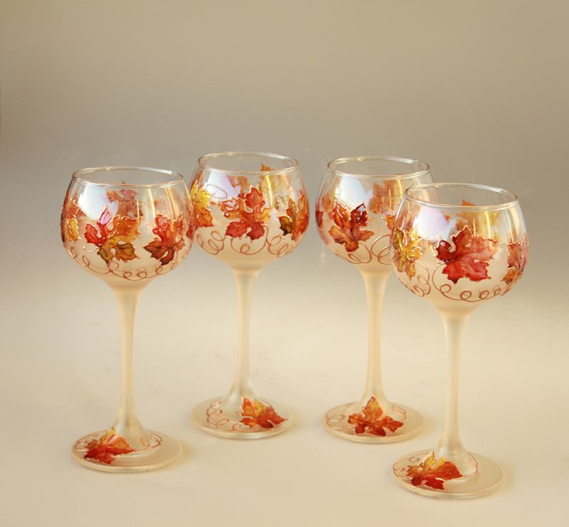 Autumn Leaves Grape Wine Glasses Set of 4 Hand-Painted - Bar Glasses & Drinkware - Glass Gold