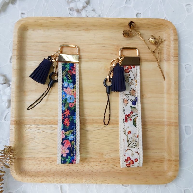 Dark blue Korean fabric tassel mobile phone anti-drop wrist strap - Lanyards & Straps - Cotton & Hemp Blue