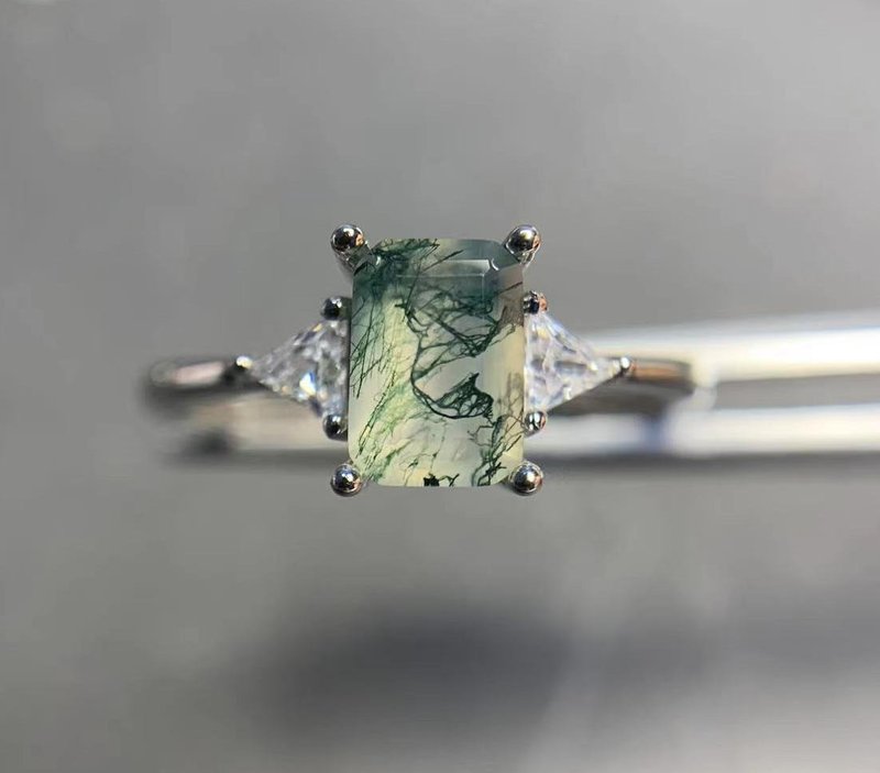 Moss agate ring - Agate silver ring - Rectangle moss agate - Dainty Ring - แหวนทั่วไป - เงินแท้ 