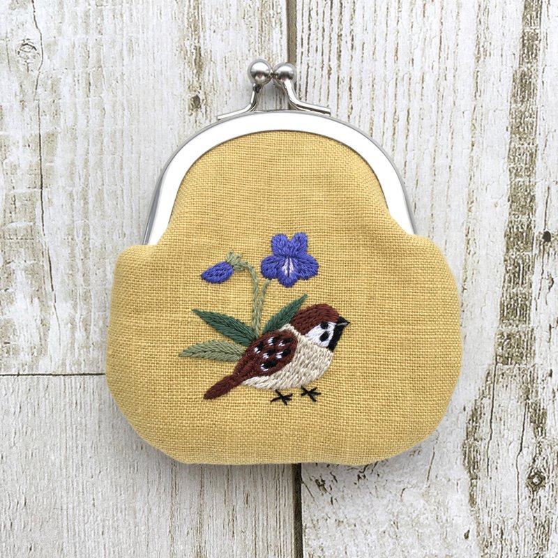 Cotton & Hemp Coin Purses Yellow - Sparrow and violet embroidered clasp