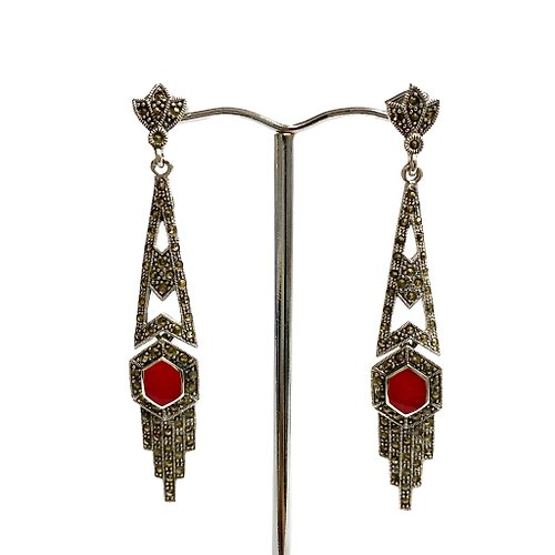 alisadesigns Art Deco Style Red Coral and Marcasite Set Pendant Earrings 925 Sterling Silver