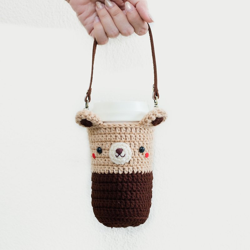 Drink Bag -16oz | Bear, Eco Beverage Holder, Crochet Cotton - ถุงใส่กระติกนำ้ - ผ้าฝ้าย/ผ้าลินิน สีนำ้ตาล