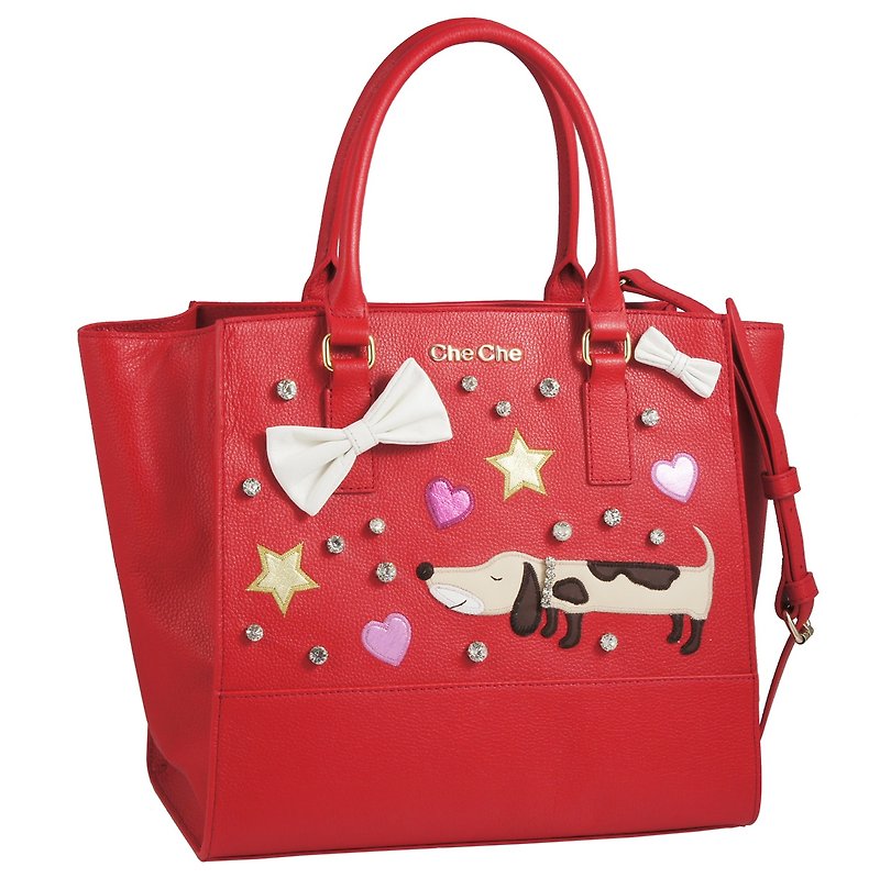 Lovely Dog Appliqué Leather Tote - Handbags & Totes - Genuine Leather Red