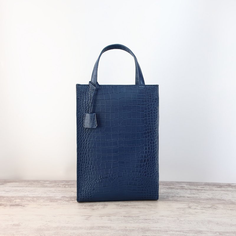 たて長しかくトート・外縫いver・ネイビー・受注製作 - 手提包/手提袋 - 真皮 藍色