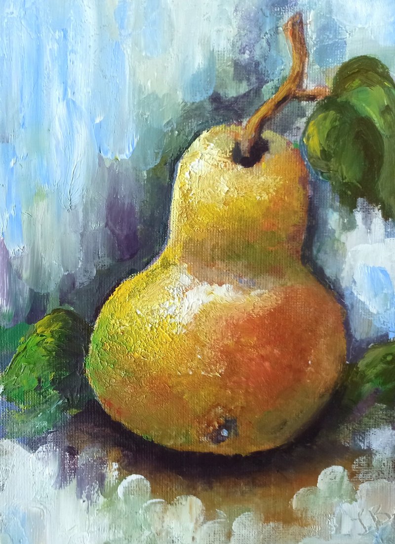 Pear Oil Painting on Canvas board 7x5in Fruit Original Art Small Artwork - 海報/掛畫/掛布 - 其他材質 
