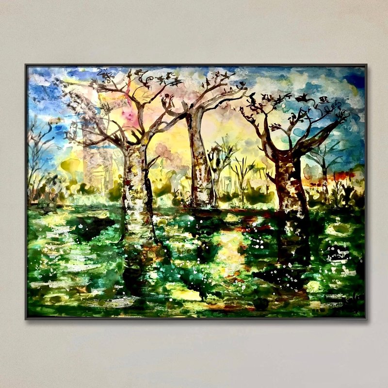 Abstract african landscape painting,baobas in the fields,colourful landscape - 壁貼/牆壁裝飾 - 紙 
