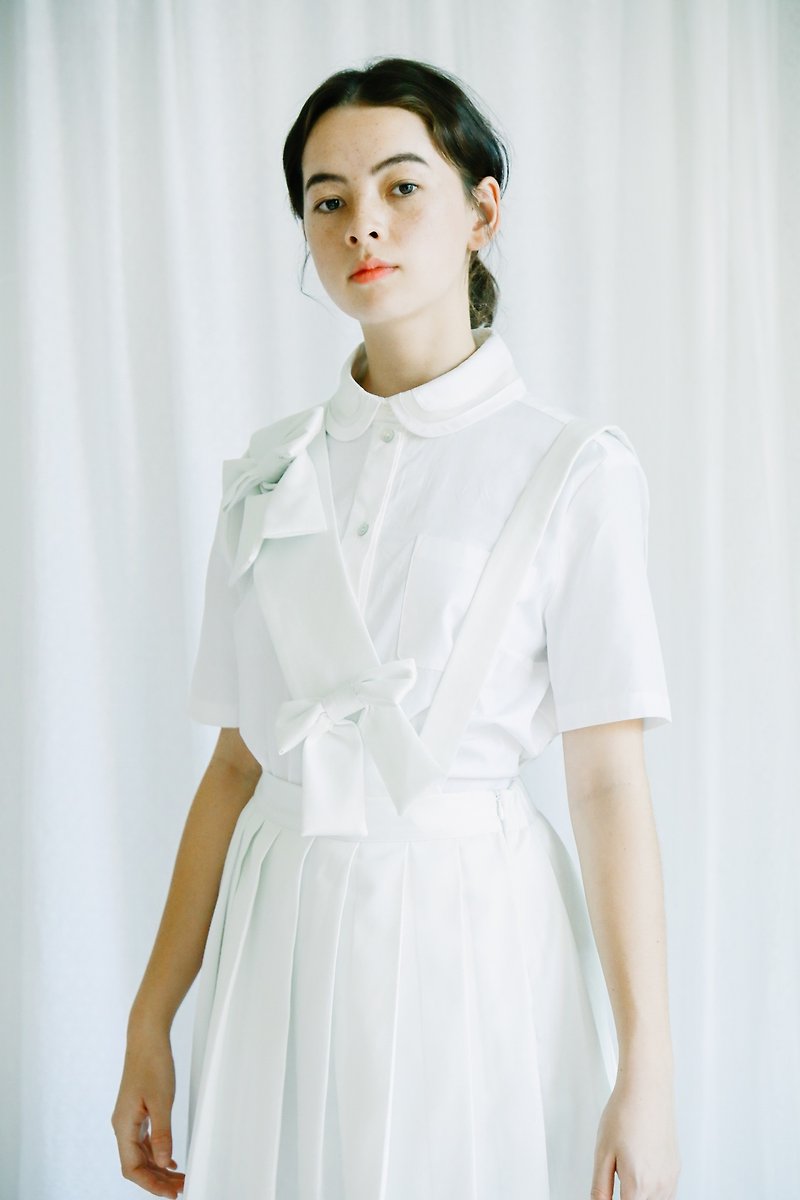 multi-ways pleated skirt with ribbon bow strap  - กระโปรง - ผ้าฝ้าย/ผ้าลินิน ขาว