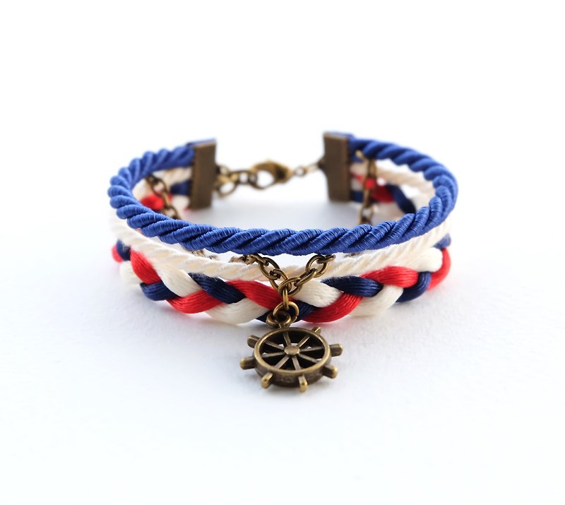 Ship wheel nautical layered bracelet in admiral blue / cream / red / navy blue - Bracelets - Other Materials Multicolor