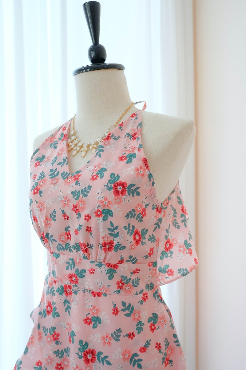 Pink dress Floral party summer sundress backless halter bridesmaid dress - One Piece Dresses - Polyester Pink