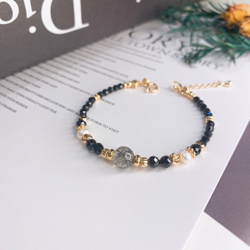 Before Dawn Black Hair Crystal Black Spinal Natural Pearl Extension Chain Design Crystal Bracelet - Bracelets - Crystal Black