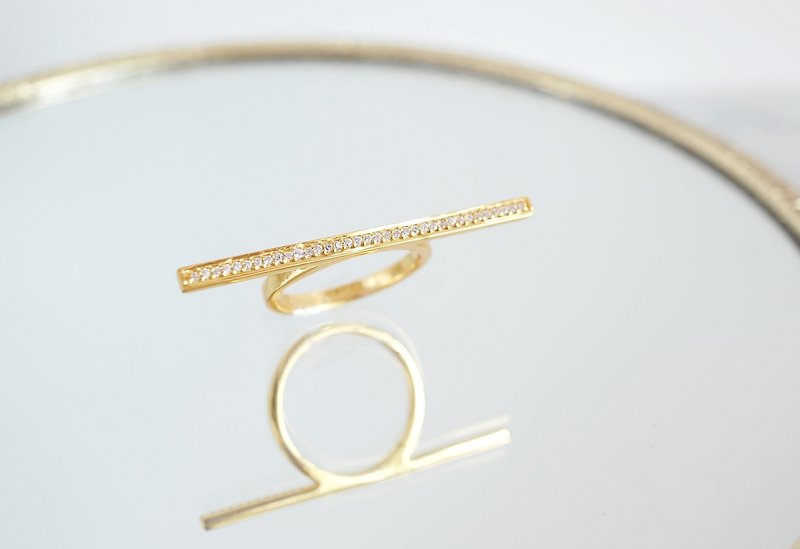 【Gold Vermeil/Gemstone】White Zircon,Gold Bar Ring - 戒指 - 寶石 金色