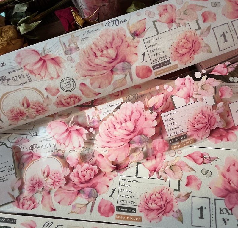 Dreamlike light retro big flower fresh pink PET and paper tape - Washi Tape - Other Materials Pink