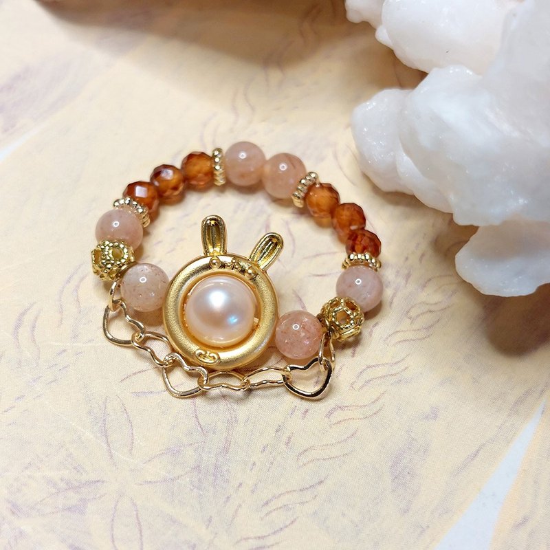 眼淚是珍珠。兔兔戒指 | 淡水粉珍珠 | 太陽石 | 橙石榴石 - 戒指 - 水晶 
