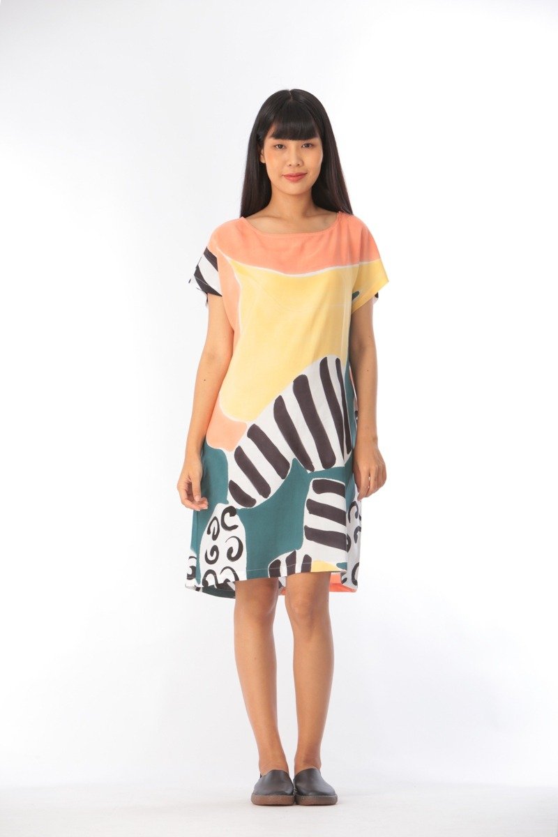 Short Dress Cotton Rayon Hand Painted for Summer resort vacation - 洋裝/連身裙 - 棉．麻 