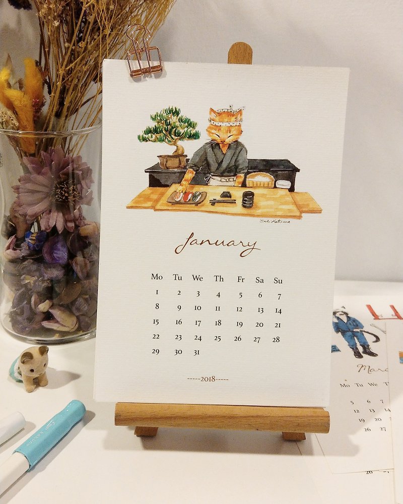 work cat Cats and staff watercolor hand painted 2018 calendar / final copies clear - ปฏิทิน - กระดาษ 