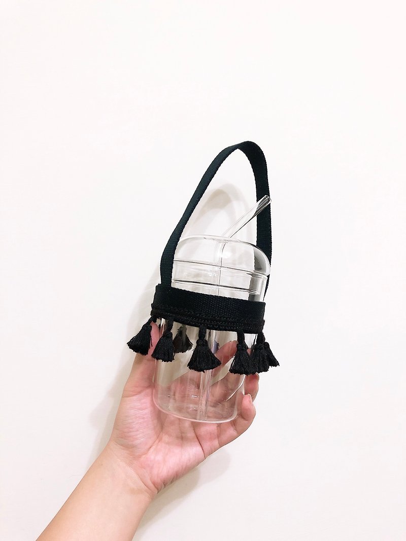 [Bibi Bear] Minimalist Black Tassel Beverage Bag - ถุงใส่กระติกนำ้ - ผ้าฝ้าย/ผ้าลินิน 