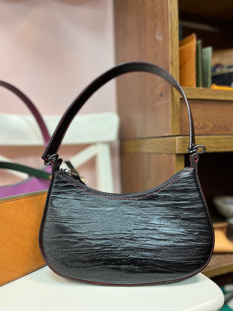 Side Shoulder Portable Leather Meniscus Bag - Handbags & Totes - Genuine Leather Black
