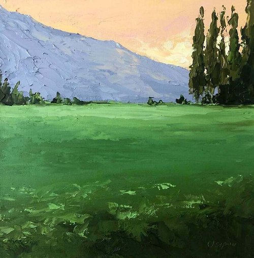 OsipovArtStudio Original Green Field Painting Mountains Landscape Oil Painting On Canvas Impasto