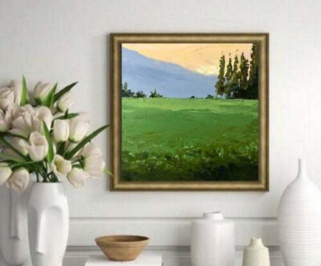 オリジナルの緑の野原絵画山地風景油絵キャンバスインパスト