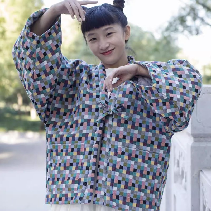 日式和風 拼色格子半纏棉衣外套 - 女上衣/長袖上衣 - 其他材質 多色