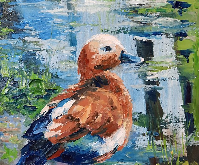 アヒルの絵 油絵 小さな風景画 池の絵鳥の絵 - ショップ AsheArt ポスター・絵 - Pinkoi