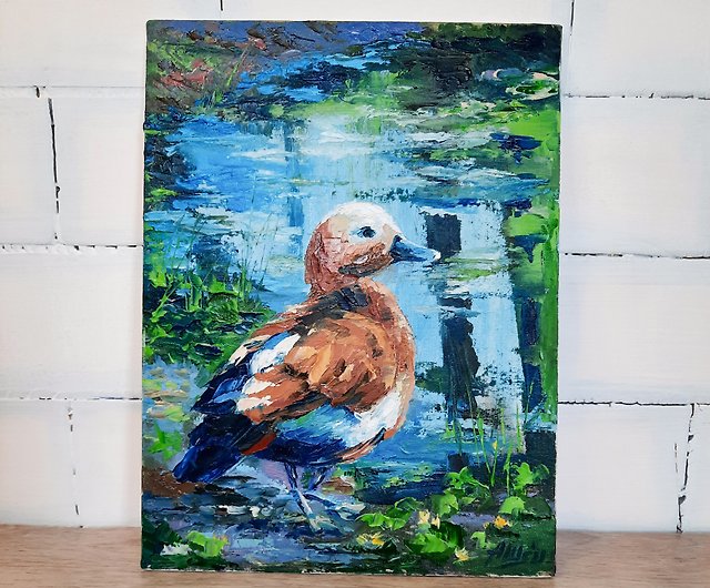 アヒルの絵 油絵 小さな風景画 池の絵鳥の絵 - ショップ AsheArt 