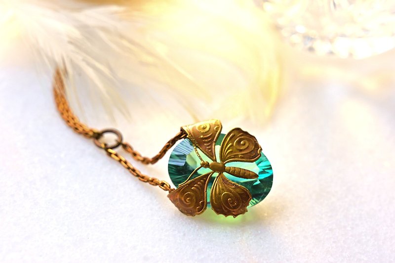 Art Nouveau Style Necklace~Age Brass Butterfly~Natural Stone~Only - Necklaces - Gemstone Green
