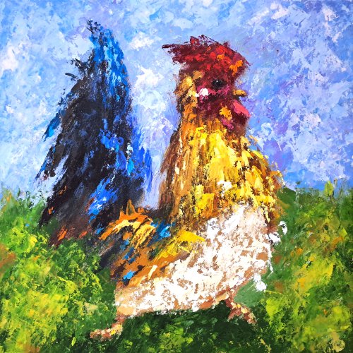 雄鶏の絵 鶏のオリジナルアート 鶏の油絵鳥の小さなアートワーク