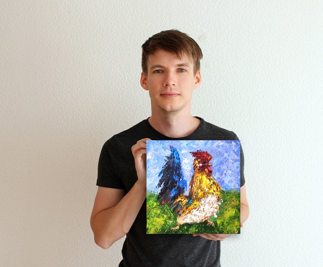 雄鶏の絵 鶏のオリジナルアート 鶏の油絵鳥の小さなアートワーク