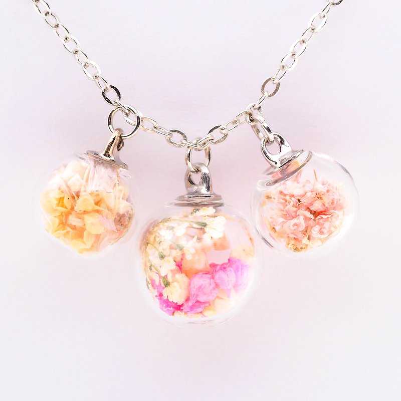 「OMYWAY」Handmade three Dried Flower Necklace - Glass Globe Necklace - Chokers - Glass White