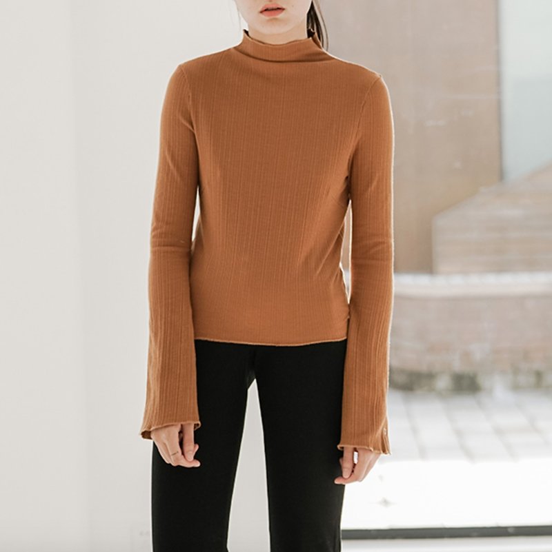 Caramel-colored pointed petal collar 95% cotton + spandex thread small high-necked shirt micro-slim fit inside wear - Women's Sweaters - Cotton & Hemp Orange