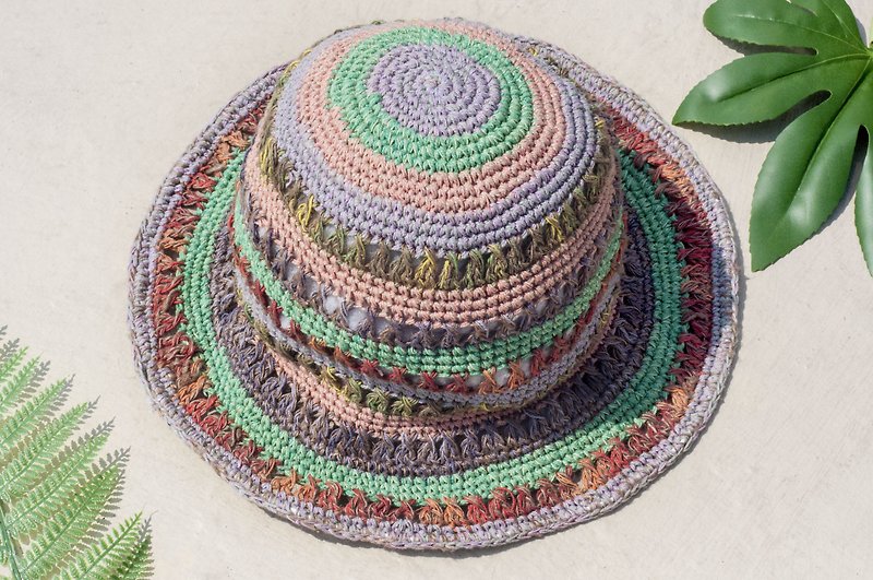 Crocheted cotton hat hand-woven Linen hat hat hat straw hat straw hat - Matcha taro cake - หมวก - ผ้าฝ้าย/ผ้าลินิน หลากหลายสี
