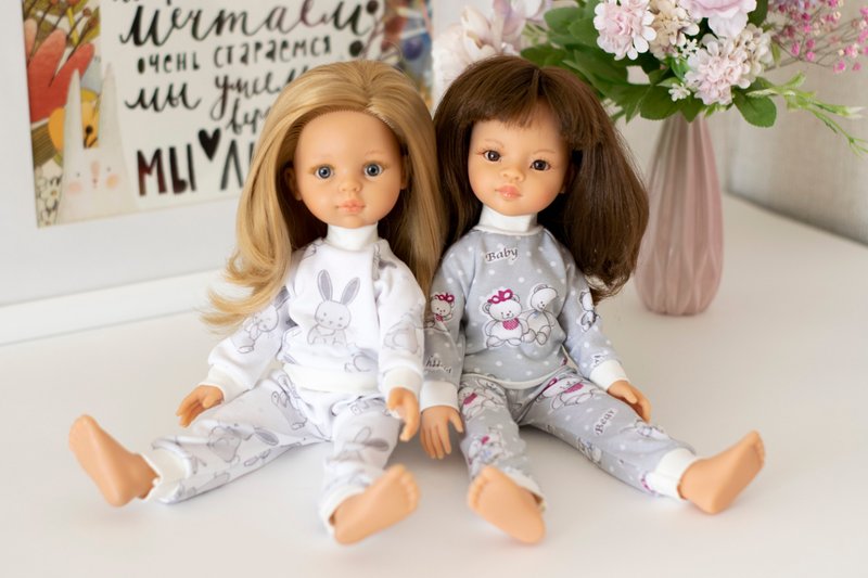 Pajamas for doll Paola Reina, Siblies, Corolle, Little Darling, teddy bear print - 嬰幼兒玩具/毛公仔 - 棉．麻 灰色