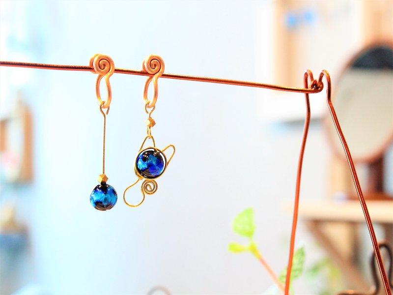 Funny cat stick shape hand-made earrings (pair) - Earrings & Clip-ons - Other Metals Blue