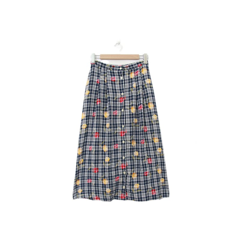 Back to Green-復古長裙 格紋 細緻花朵 M-27//vintage skirt - 裙子/長裙 - 棉．麻 