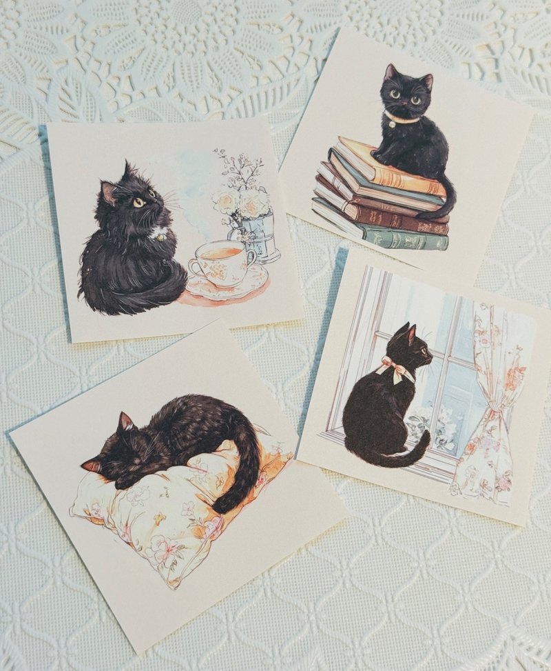 sensiary Pink background black cat 4 Designs - 卡片/明信片 - 紙 