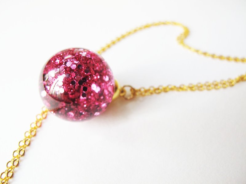 * Rosy Garden * Sweet pink glitter with water inside snow flakes glass ball pendant necklace - Chokers - Glass Pink